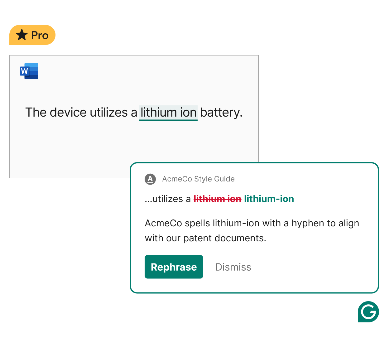 Style guide suggestion from Grammarly to ensure AcmeCo is on brand