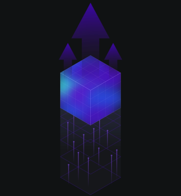 Illustration of a cube rapidly elevating with arrows, symbolizing increased speed and productivity in local cloud development workflows.