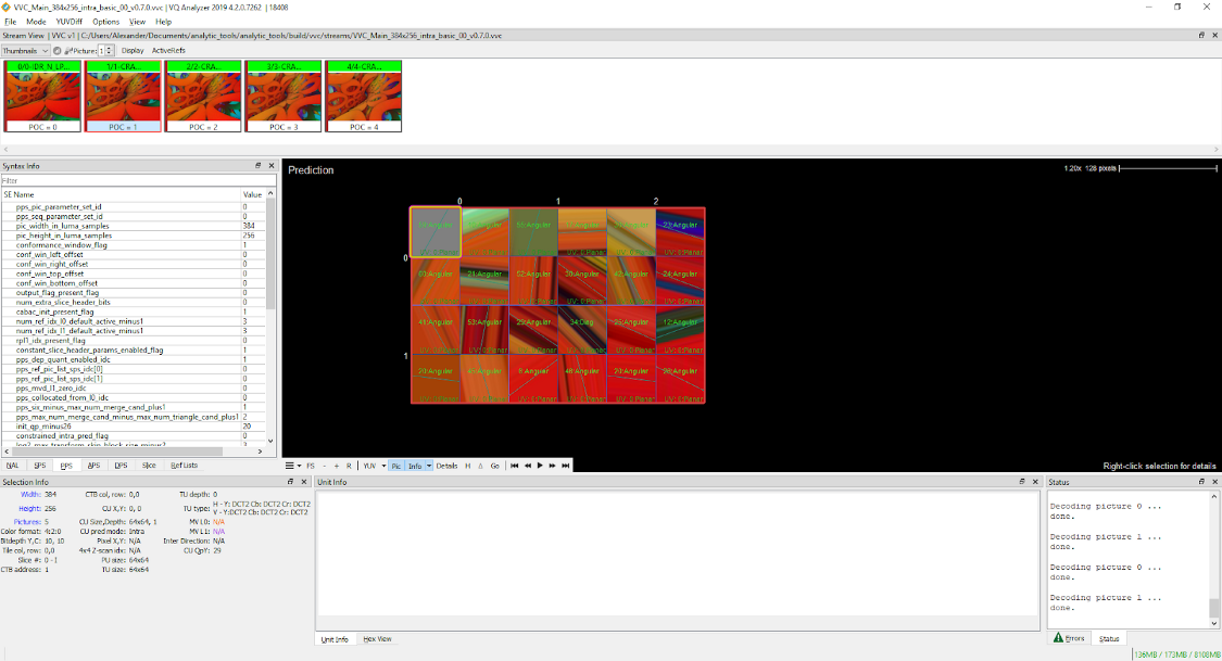 VQ Analyzer 4.2.0 (VVC/H.266 ストリーム) で視覚化されたエンコード済みのストリームでのイントラ予測の表示
