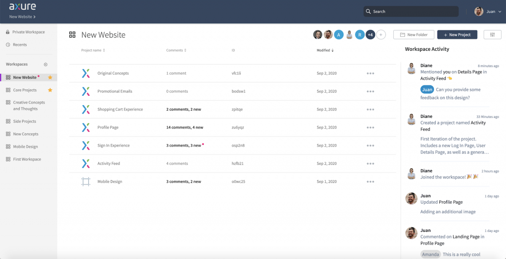 Axure Cloud の新しい Workspace Activity Feed でプロジェクトの進歩状況を確認