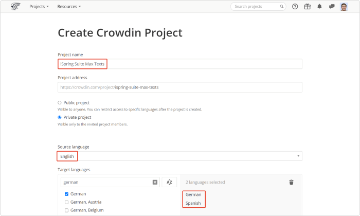 [Create Crowdin Project] 画面