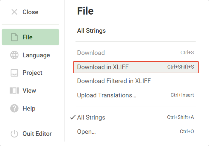 Crowdin の [Download in XLIFF] オプション