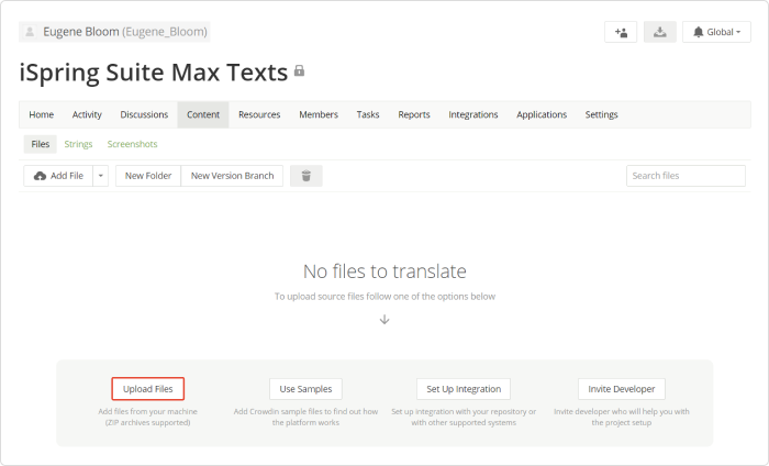 Crowdin の [Upload Files] オプション