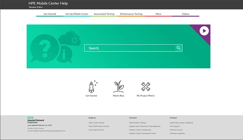 HPE Mobile Center Help ホームページのスクリーンショット