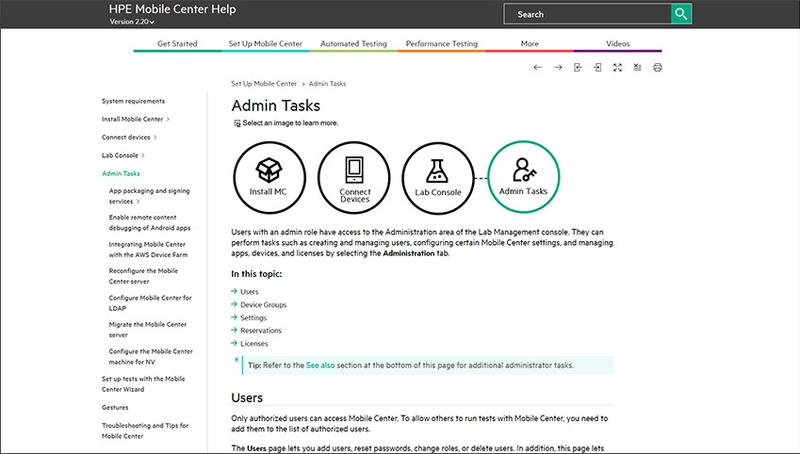 HPE Mobile Center Help の Admin Tasks トピック