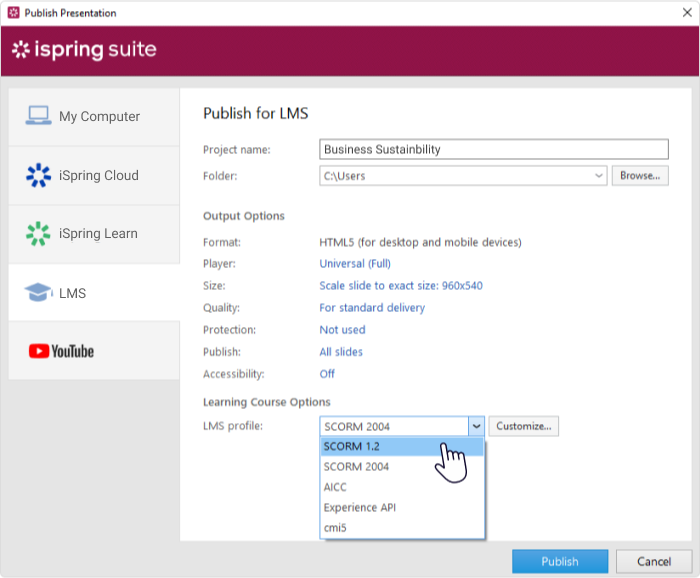 iSpring Suite を使用したコースの公開