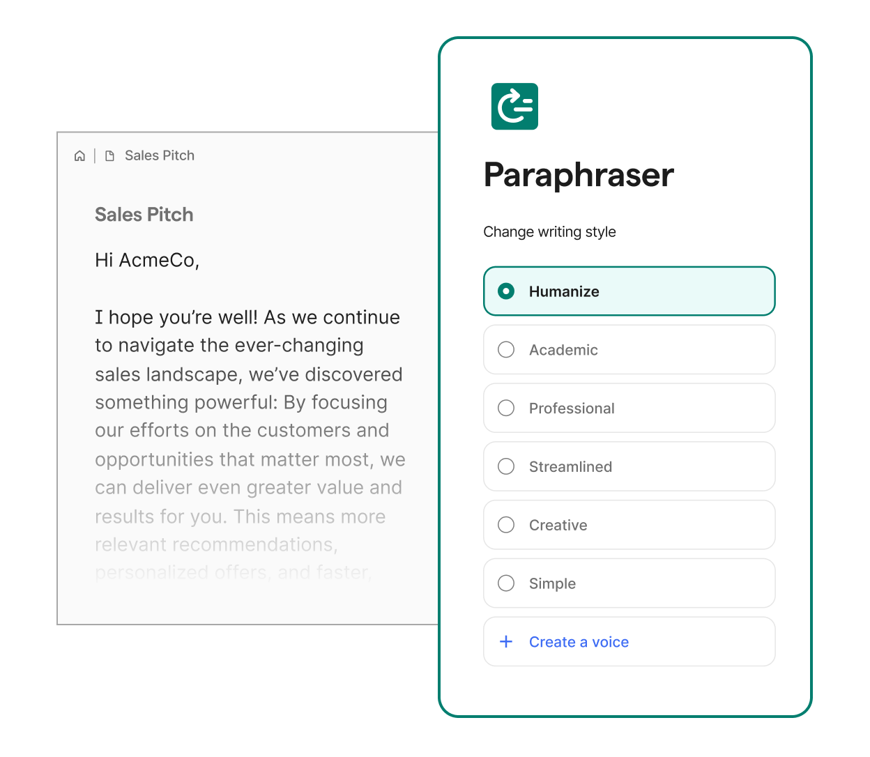 Paraphraser エージェントのライティング スタイルの選択画面