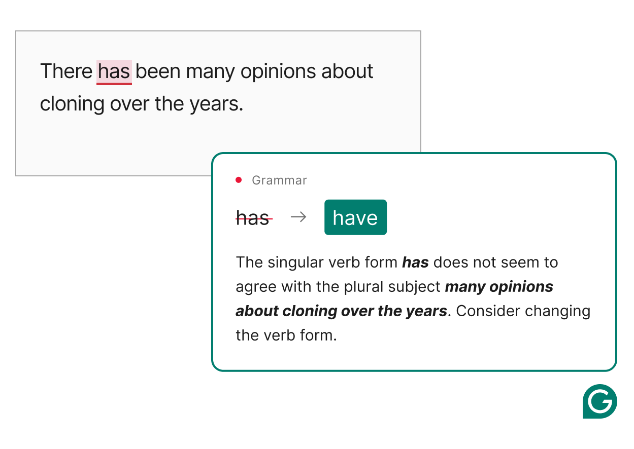 Grammarly によって提供される校正の例
