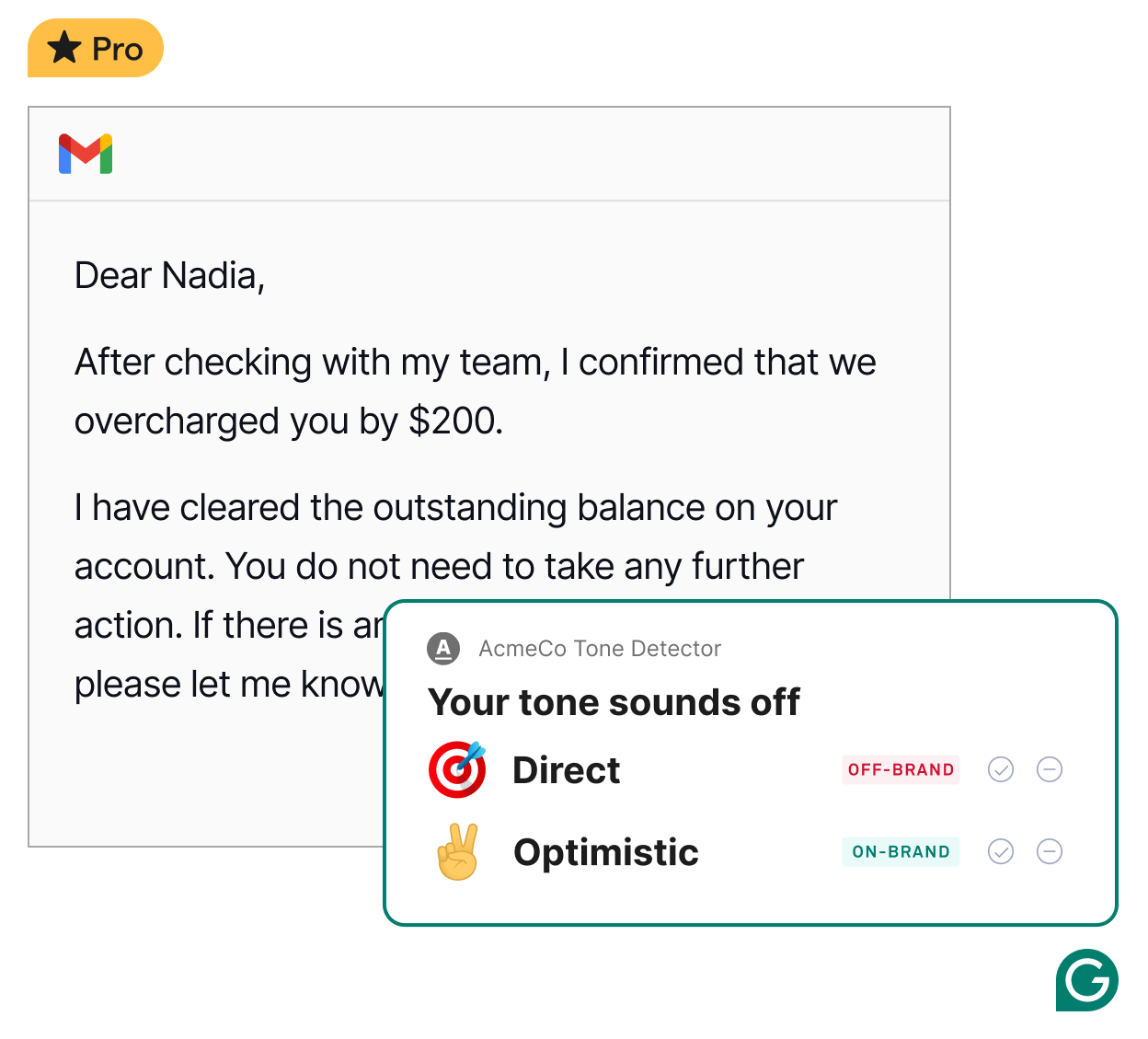 Gmail の画面上で、Grammarly が AcmeCo 向けにトーンの提案を表示している例