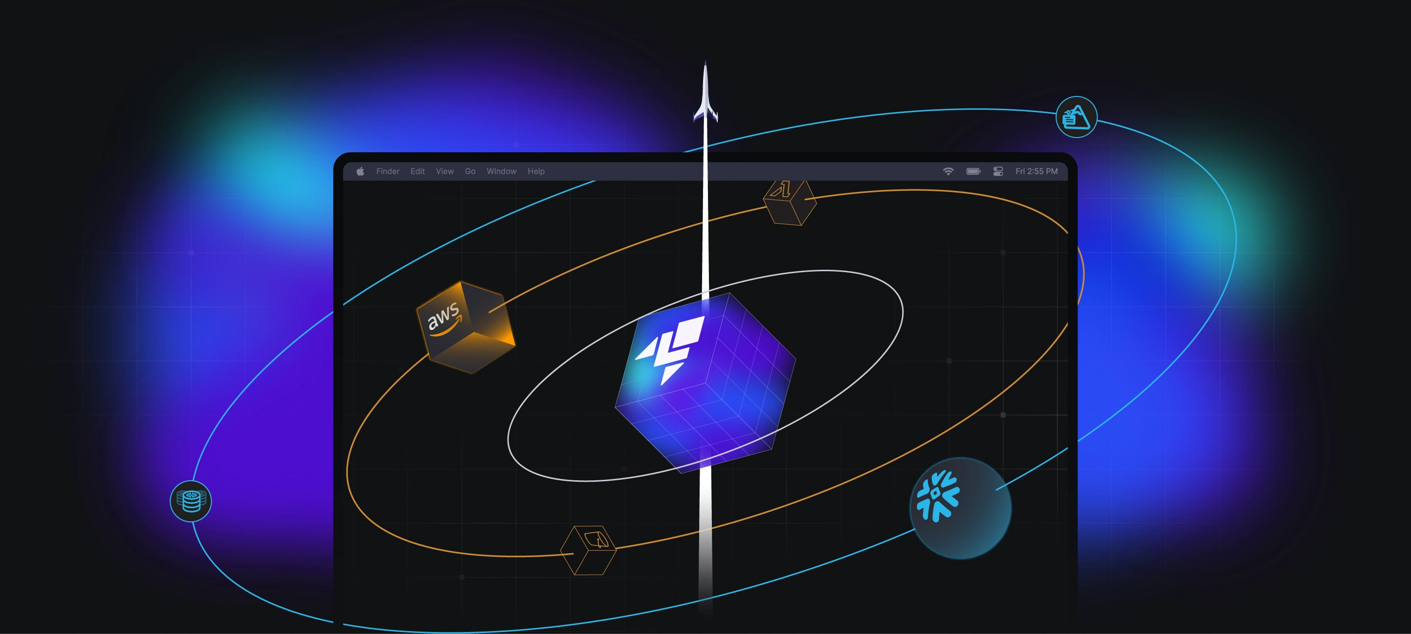 LocalStack cube at the center of an orbital system with AWS and Snowflake services, symbolizing seamless local development orbiting cloud-native workflows.