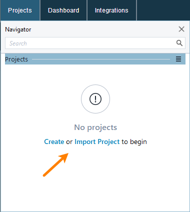 Create or open projects in the Navigator panel
