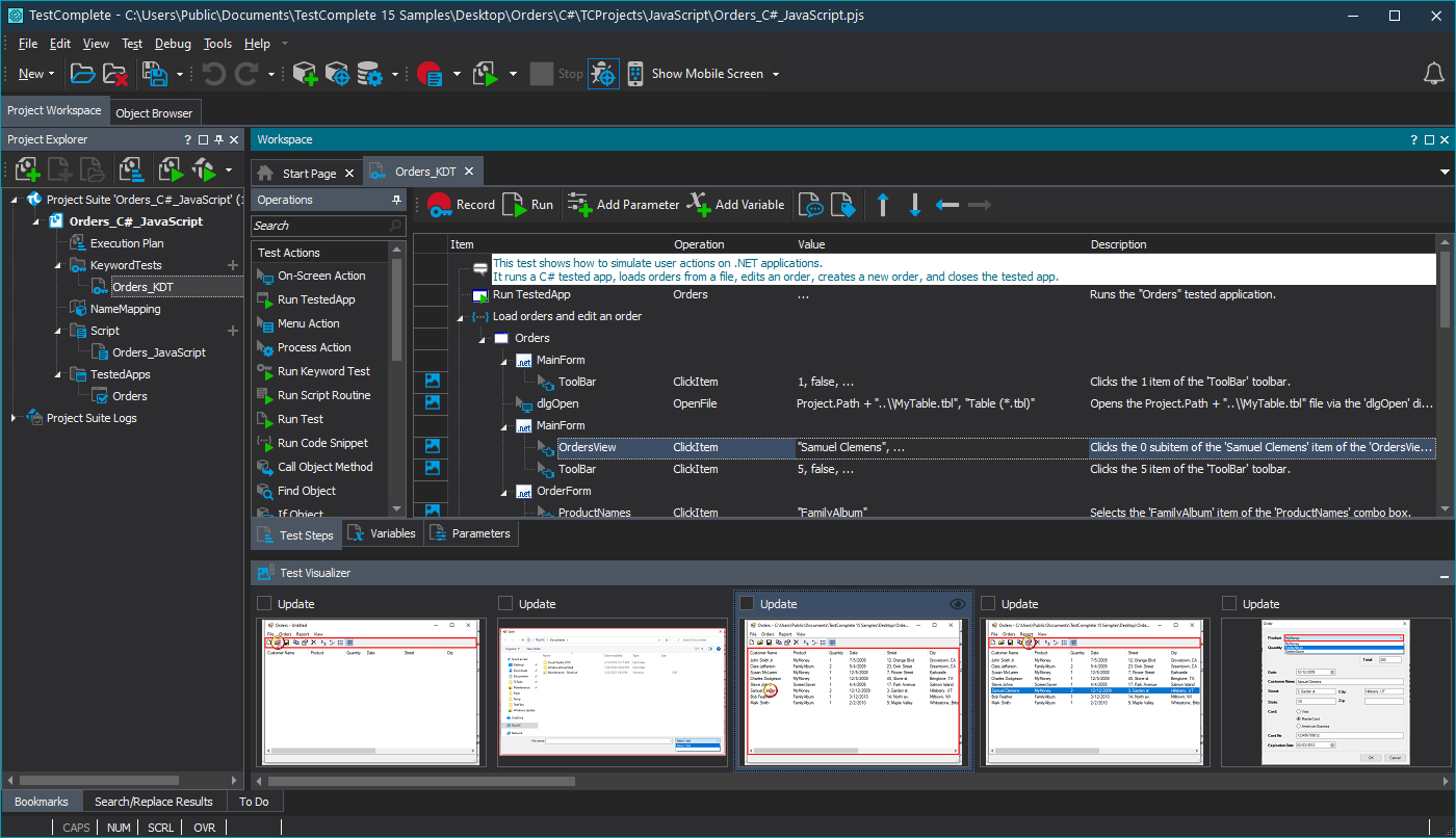 The overall view of the TestComplete interface